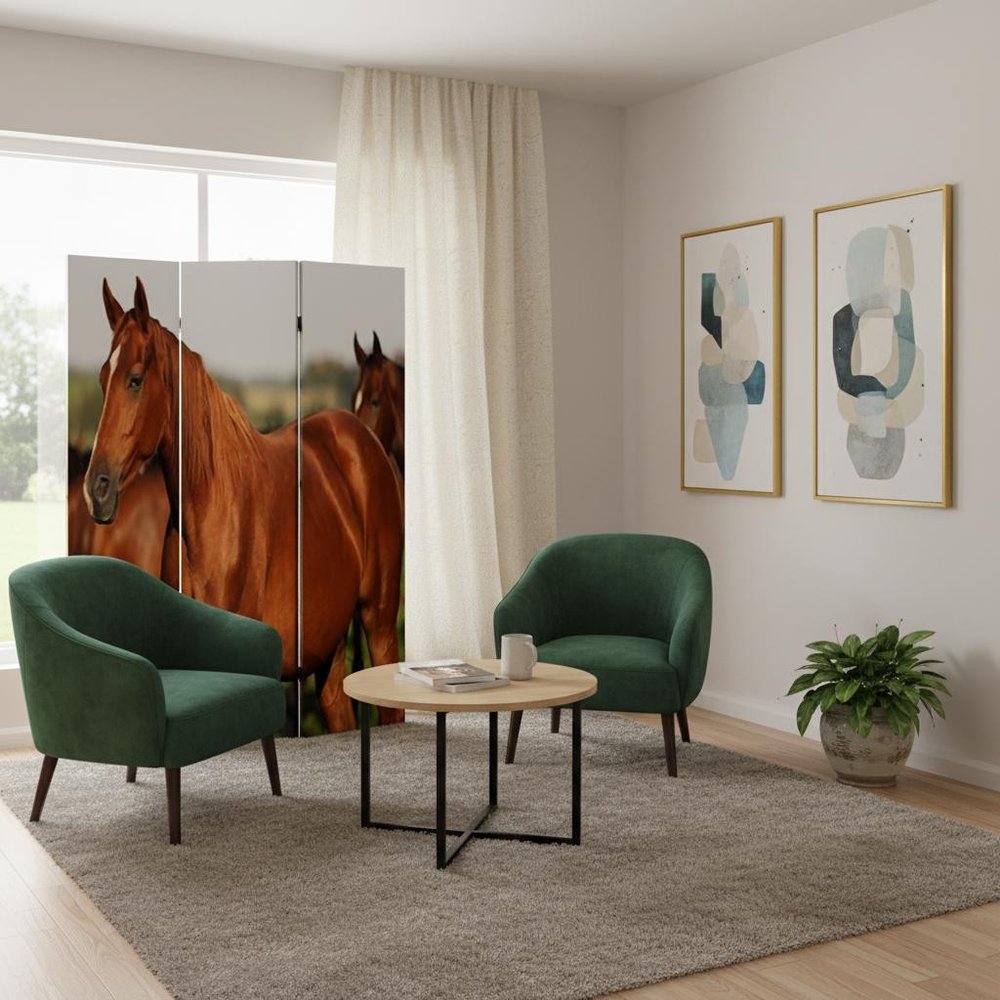 72" Brown And White Canvas Folding Three Panel Screen Room Divider