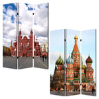72" Red Blue And Ivory Canvas Folding Three Panel Screen Room Divider