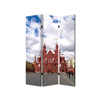 72" Red Blue And Ivory Canvas Folding Three Panel Screen Room Divider