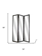 69" Black Wood and Mirrored Glass Folding Three Panel Screen Room Divider