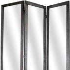 69" Black Wood and Mirrored Glass Folding Three Panel Screen Room Divider