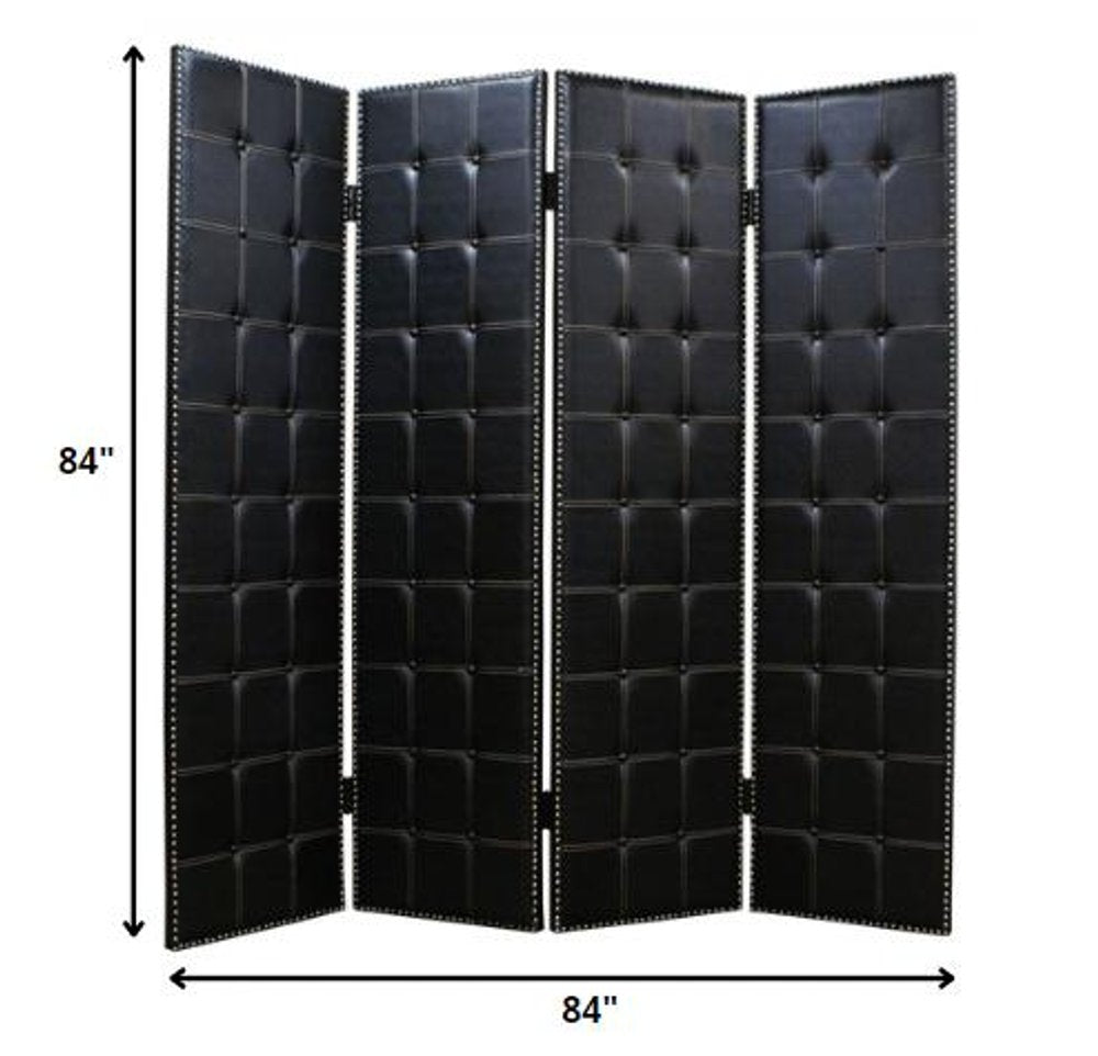 84" Black Faux Leather Folding Four Panel Screen Room Divider