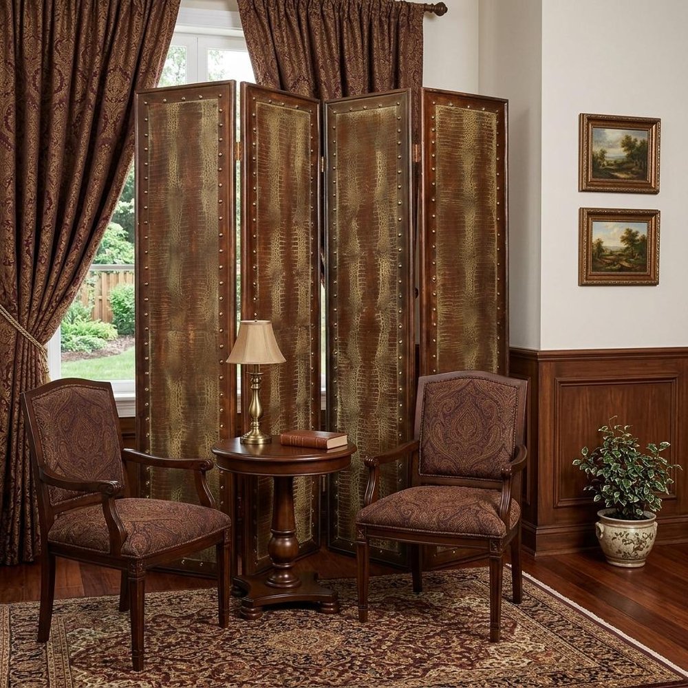 84" Brown Faux Leather Folding Four Panel Screen Room Divider