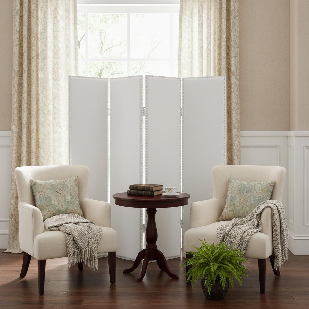 84" White Faux Leather Folding Four Panel Screen Room Divider