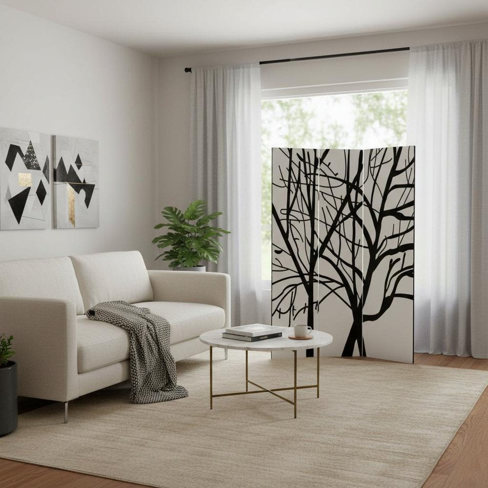 72" Black And White Canvas Folding Three Panel Screen Room Divider