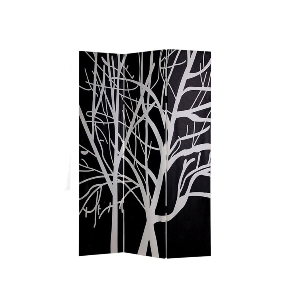 72" Black And White Canvas Folding Three Panel Screen Room Divider
