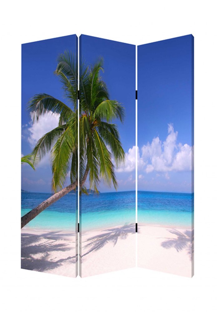 72" Blue And Green Canvas Folding Three Panel Screen Room Divider