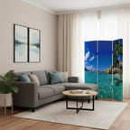 72" Blue And Green Canvas Folding Three Panel Screen Room Divider