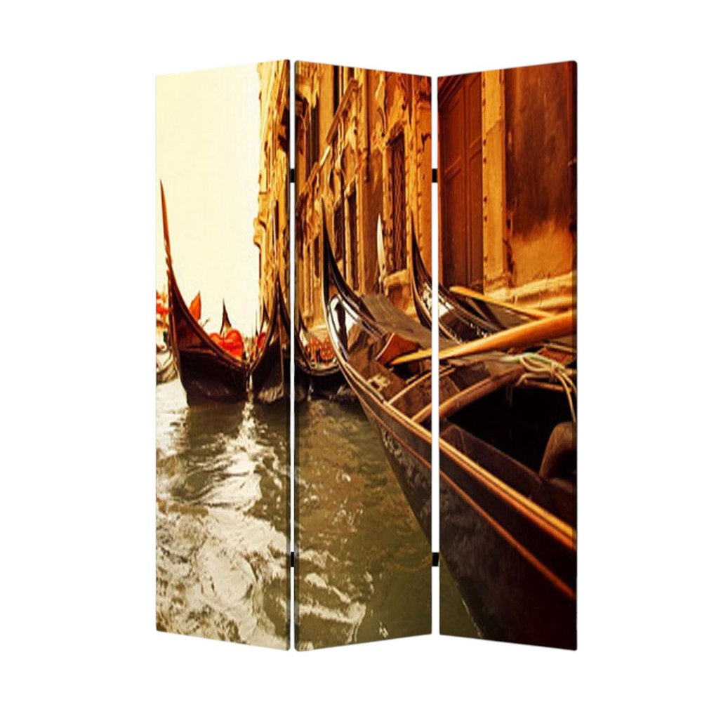 72" Brown Canvas Folding Three Panel Screen Room Divider