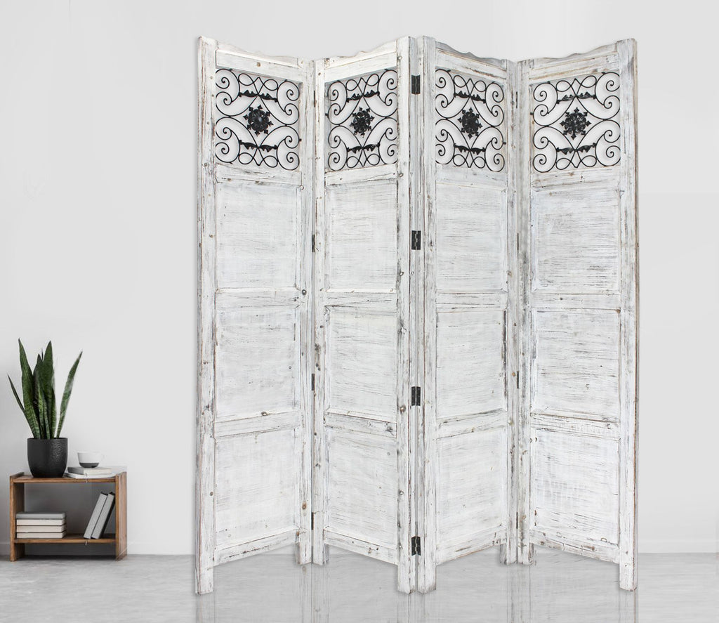 84" Blue Wood Folding Four Panel Screen Room Divider