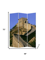 72" Blue Reversible China Cityscape Canvas Folding Three Panel Screen Room Divider