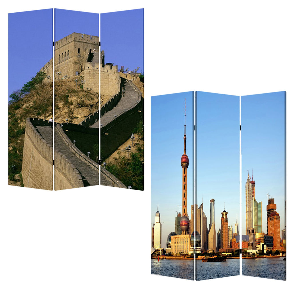 72" Blue Reversible China Cityscape Canvas Folding Three Panel Screen Room Divider