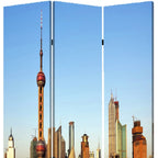 72" Blue Reversible China Cityscape Canvas Folding Three Panel Screen Room Divider