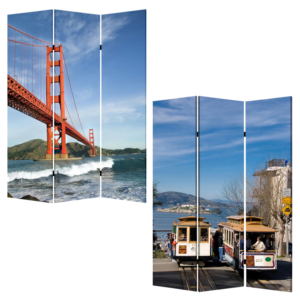72" Blue And White Canvas Folding Three Panel Screen Room Divider