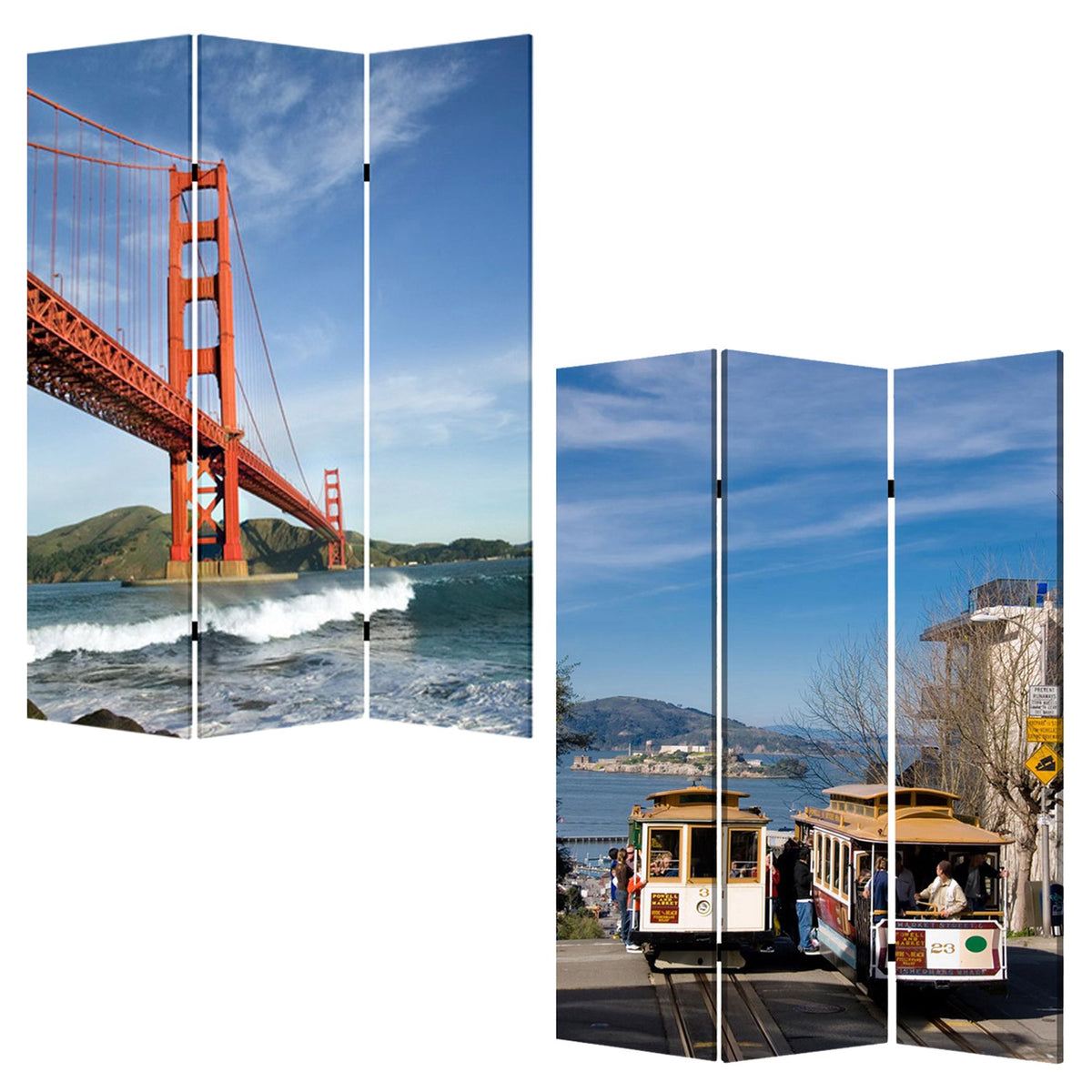 72" Blue And White Canvas Folding Three Panel Screen Room Divider
