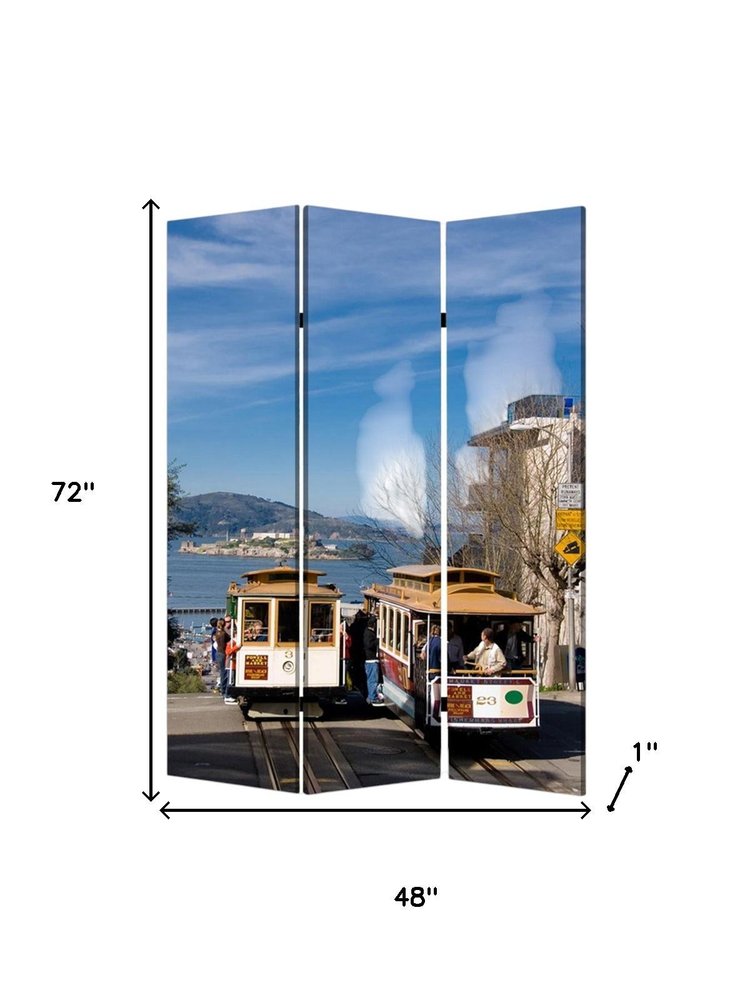 72" Blue And White Canvas Folding Three Panel Screen Room Divider