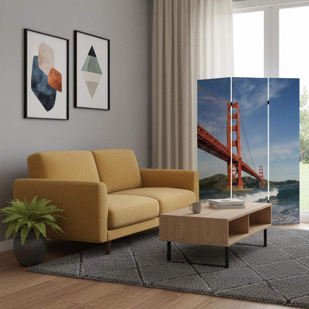72" Blue And White Canvas Folding Three Panel Screen Room Divider