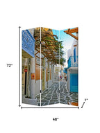 72" Blue And White Canvas Folding Three Panel Screen Room Divider