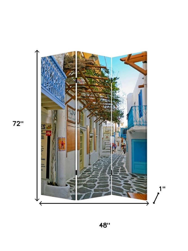 72" Blue And White Canvas Folding Three Panel Screen Room Divider