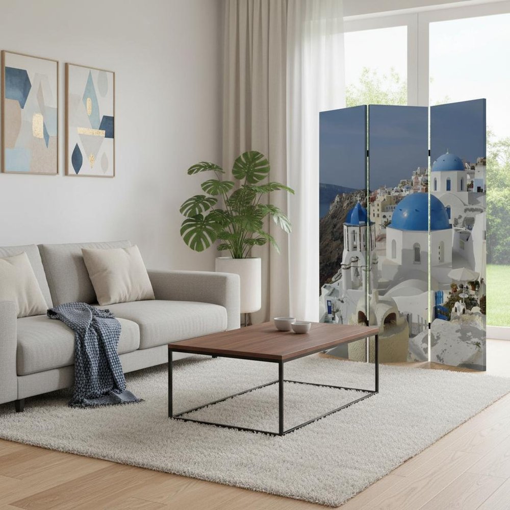 72" Blue And White Canvas Folding Three Panel Screen Room Divider