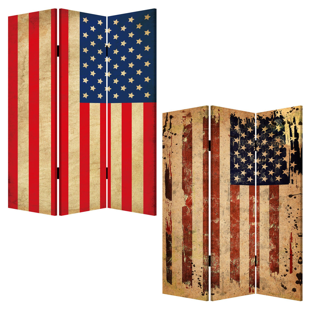 72" Blue And White Canvas Folding Three Panel Screen Room Divider