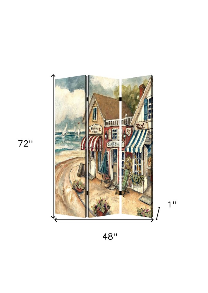 72" Beige Canvas Folding Three Panel Screen Room Divider