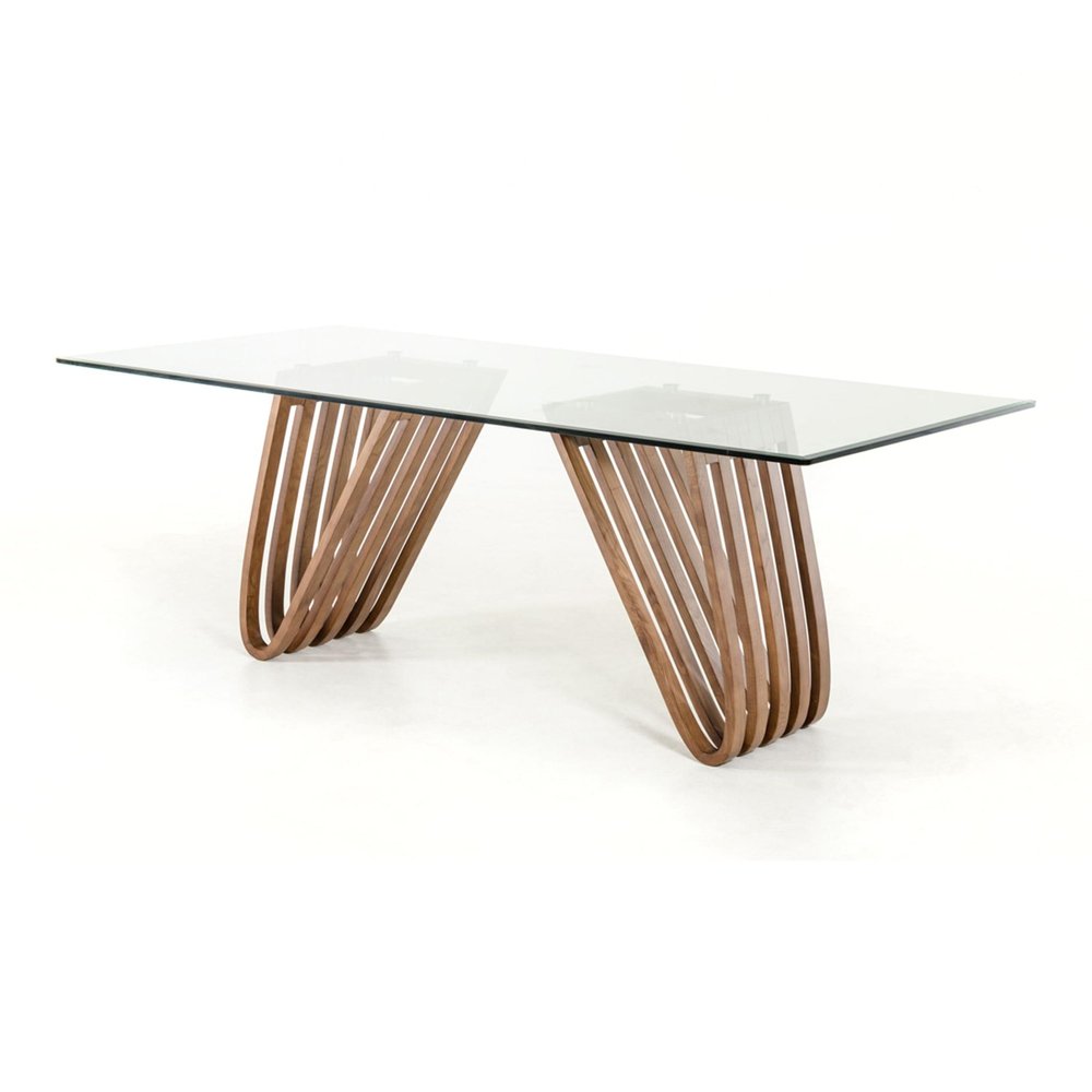 83" Clear And Brown Glass And Solid Wood Double Pedestal Base Dining Table