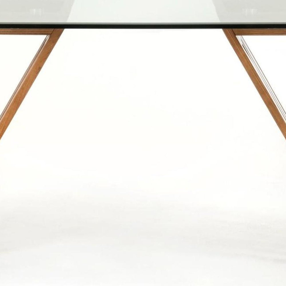 83" Clear And Brown Glass And Solid Wood Double Pedestal Base Dining Table