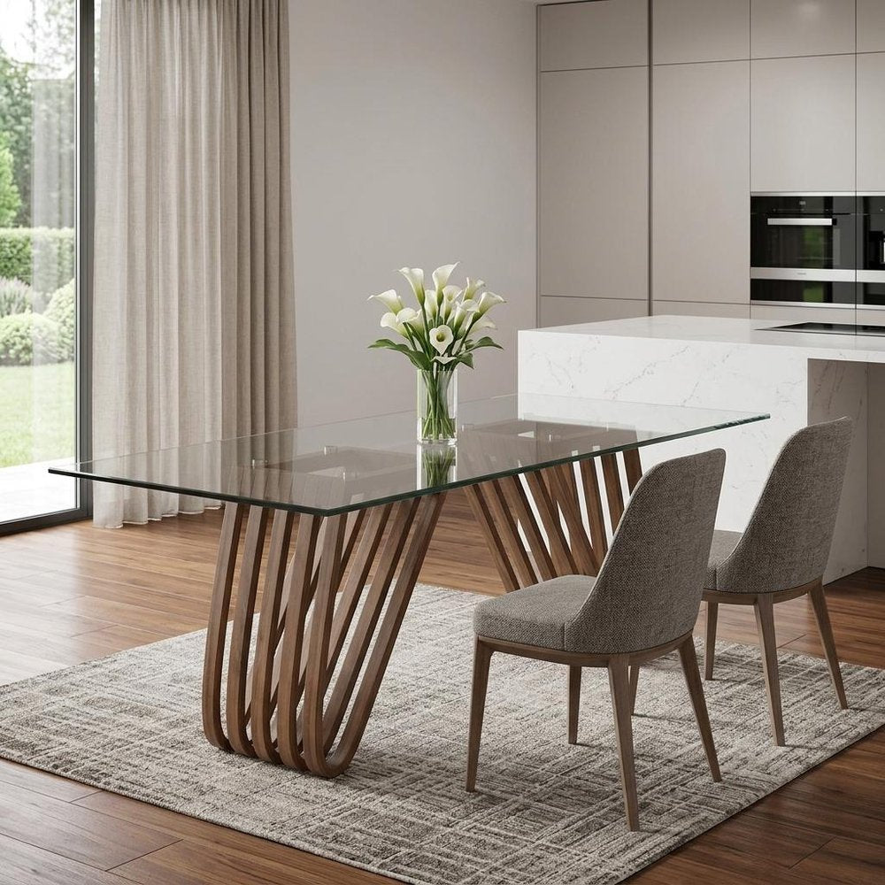 83" Clear And Brown Glass And Solid Wood Double Pedestal Base Dining Table