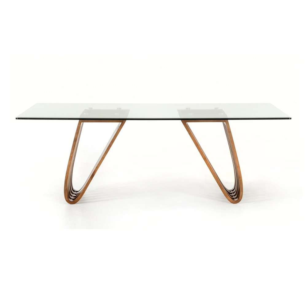 83" Clear And Brown Glass And Solid Wood Double Pedestal Base Dining Table