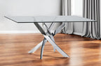 63" Clear And Silver Glass And Stainless Steel Pedestal Base Dining Table