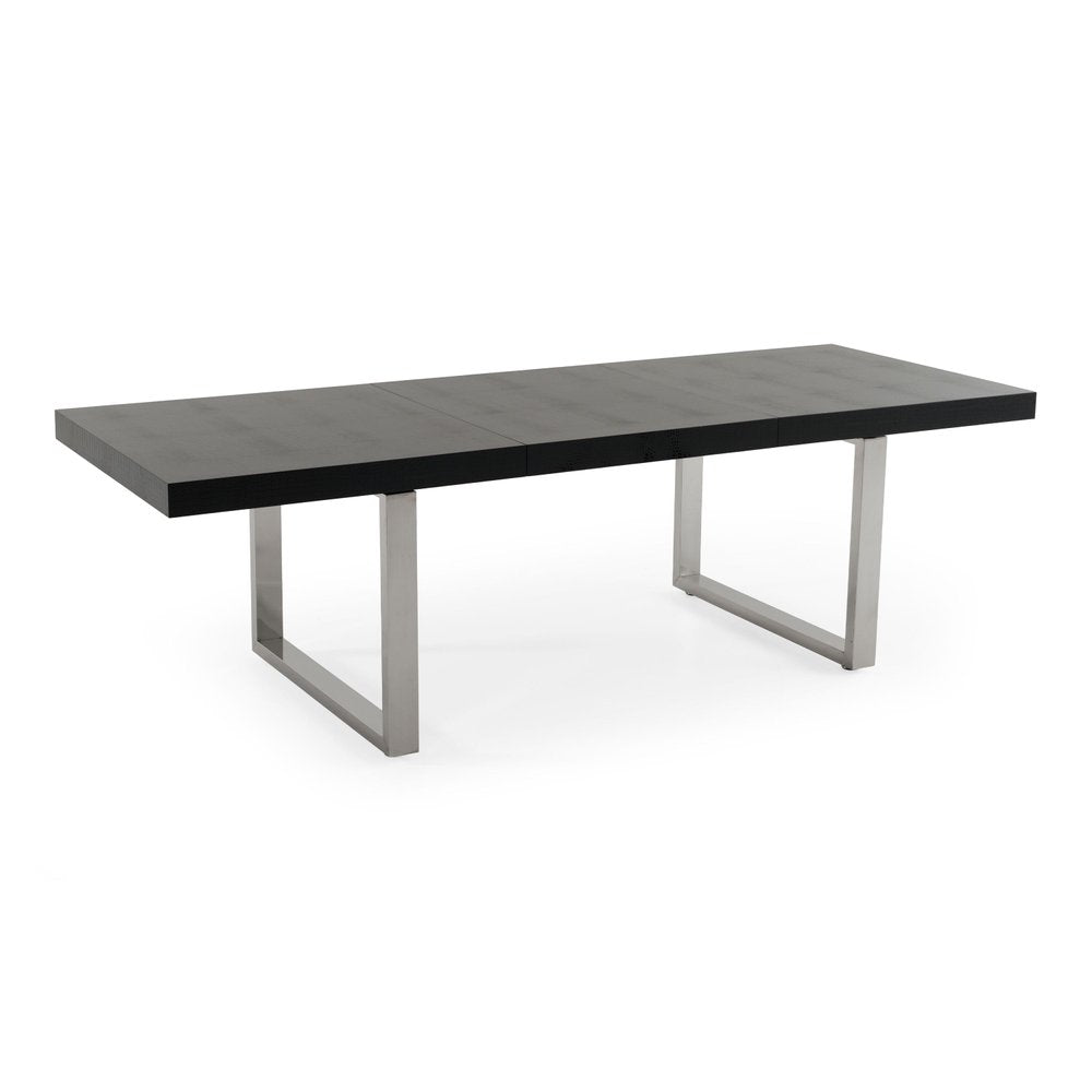 71" Black and Silver Wood and Stainless Steel Removable Leaf Sled Base Extendable Dining Table