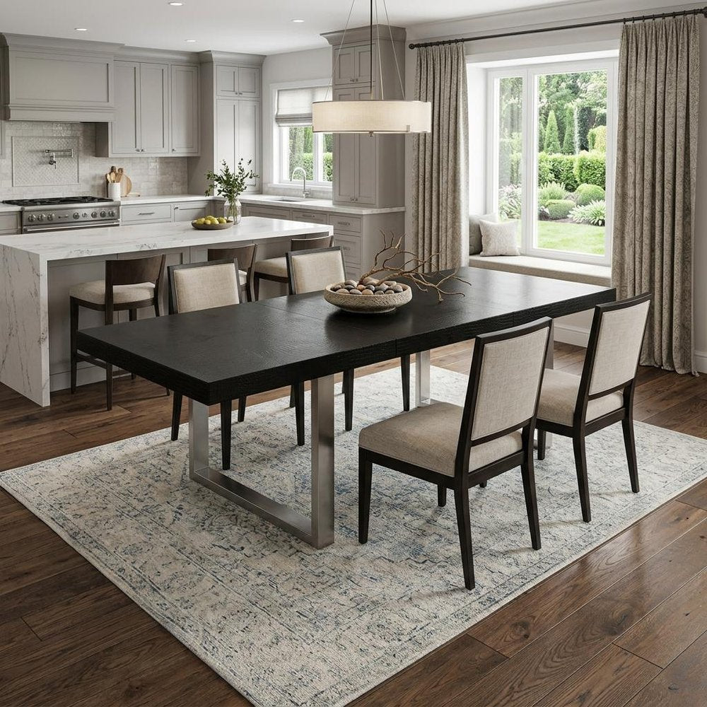 71" Black and Silver Wood and Stainless Steel Removable Leaf Sled Base Extendable Dining Table