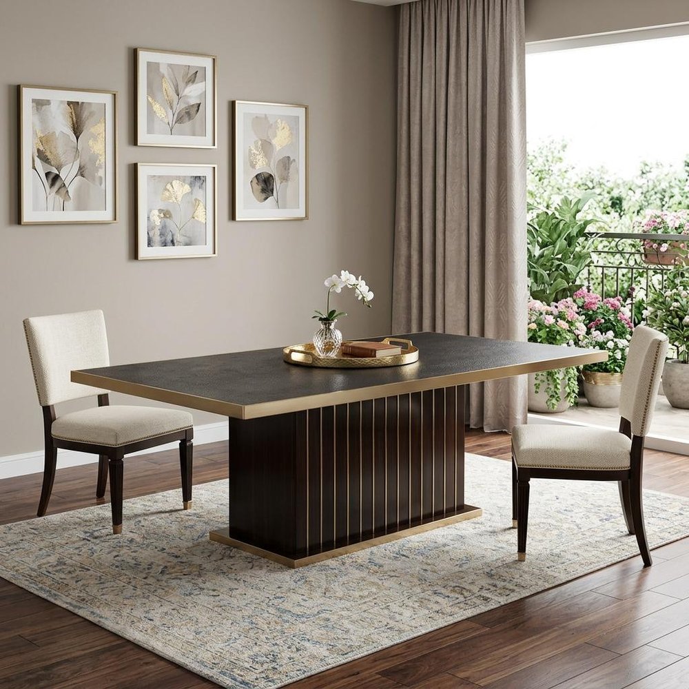 95" Black and Gold Wood Pedestal Base Dining Table