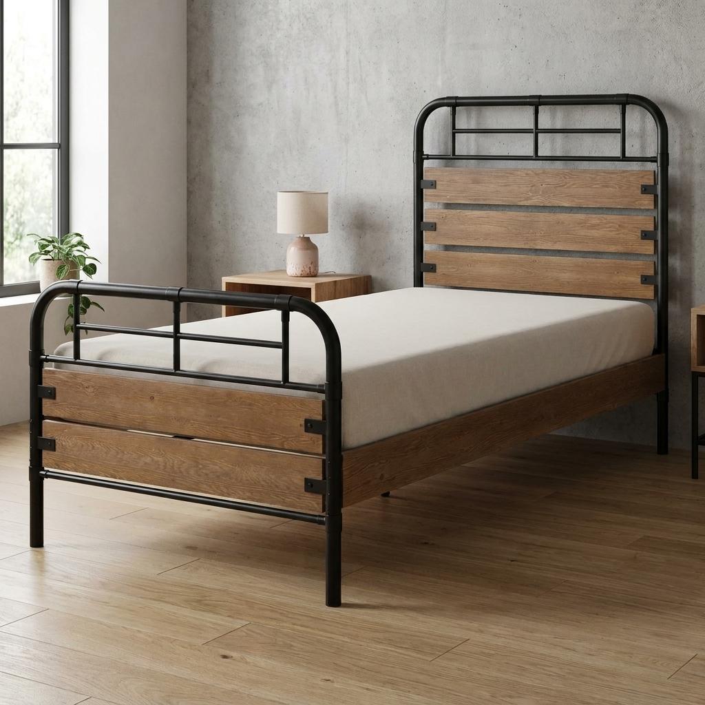 Black And Oak Shiplap Texture Wood and Metal Twin Bed Frame