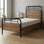 Black And Oak Shiplap Texture Wood and Metal Twin Bed Frame
