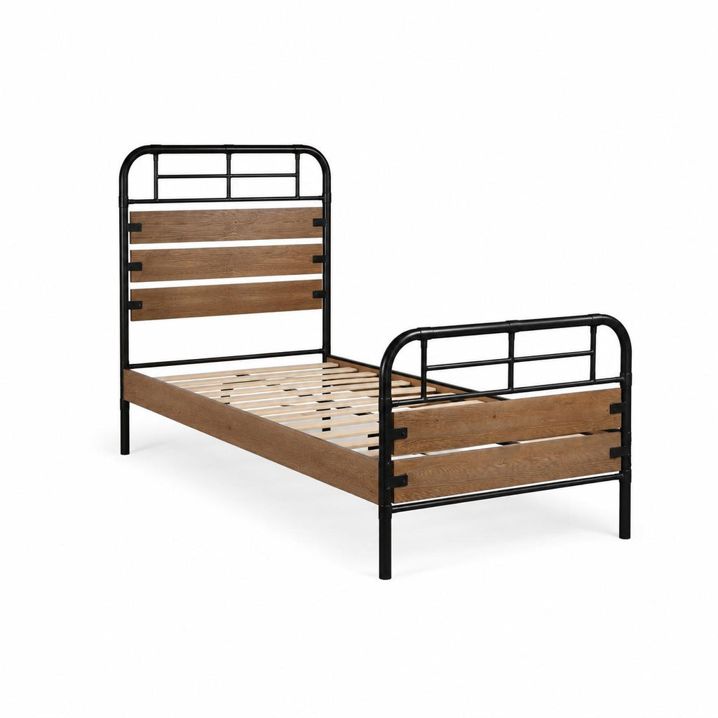 Black And Oak Shiplap Texture Wood and Metal Twin Bed Frame