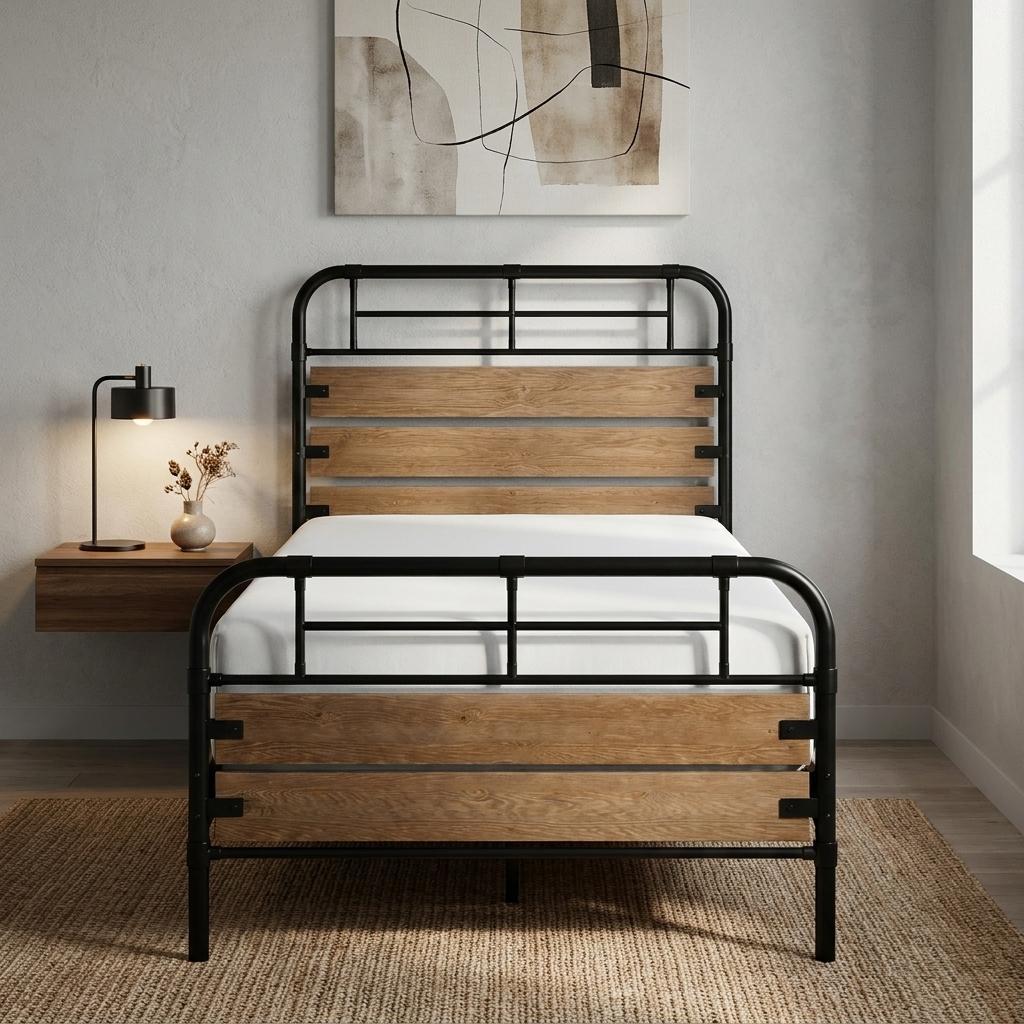 Black And Oak Shiplap Texture Wood and Metal Twin Bed Frame