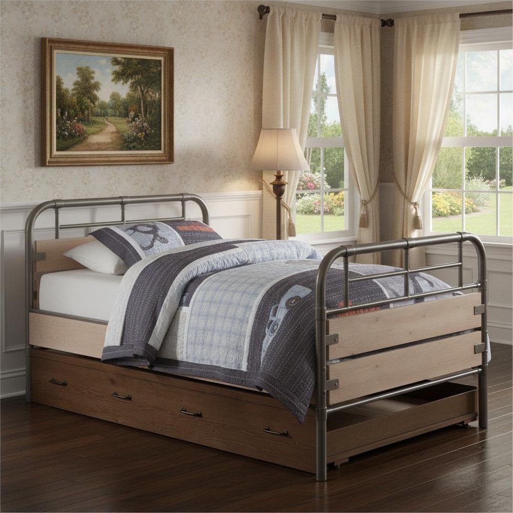 Brown and Black Solid Wood Twin Roll Out Trundle