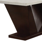 64" White And Dark Brown Marble And Solid Manufactured Wood Pedestal Base Dining Table