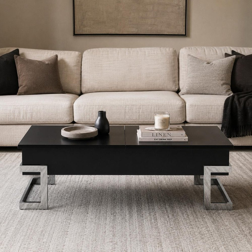 47" Black and Silver Wood And Iron Lift Top Sled Coffee Table