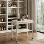 30" Antiqued White Wood Rolling Bar Cart