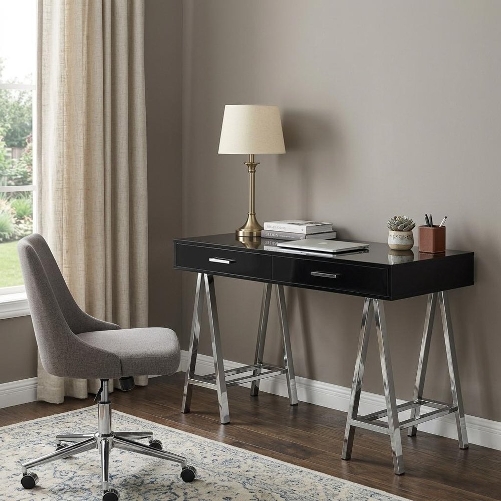 54" Black and Silver Writing Desk With Two Drawers