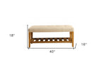 40" Light Gray and Brown Upholstered Polyester Bench with Shelves