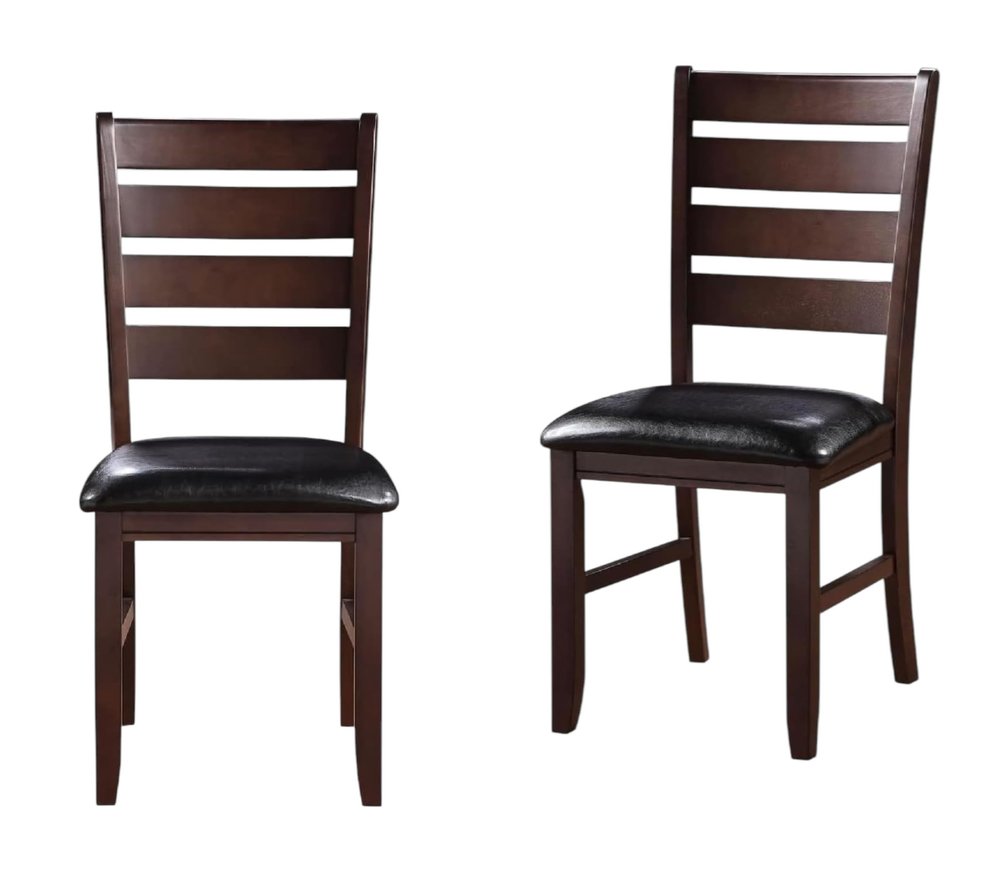 Set of Two Espresso And Brown Upholstered Faux Leather Ladder Back Dining Side Chairs