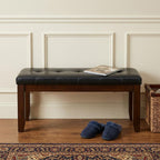 48" Black and Espresso Faux Leather and Wood Upholstered Bench