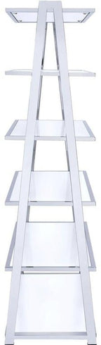 White And Silver Metal and Glass Five Tier Ladder Bookcase