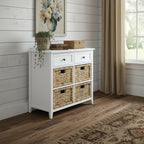 30" White Wood And Water Hyacinth Accent Cabinet With Six Drawers