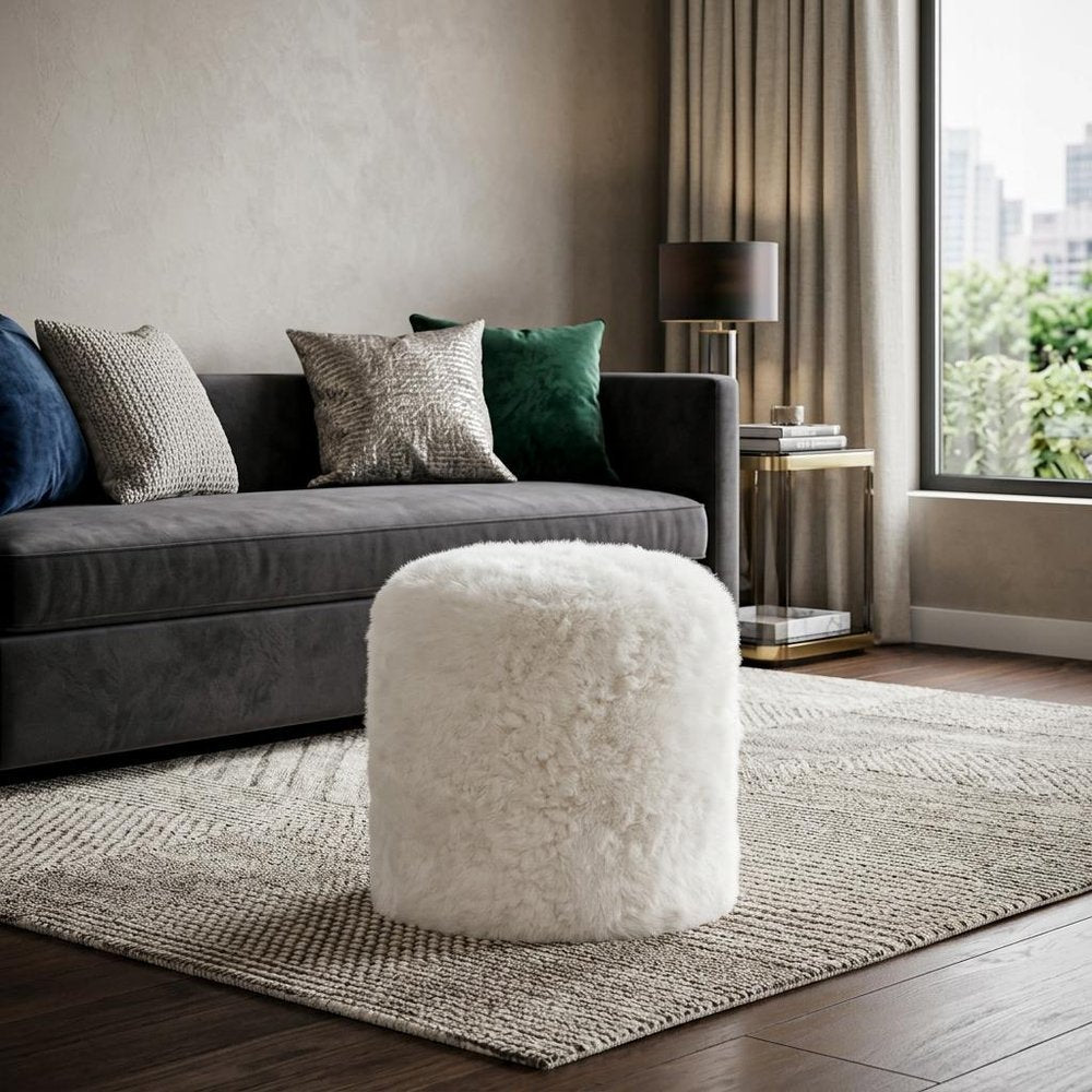 18" White Genuine Sheepskin Cylindrical Pouf Ottoman