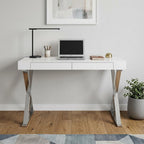47" White and Silver Writing Desk With Two Drawers